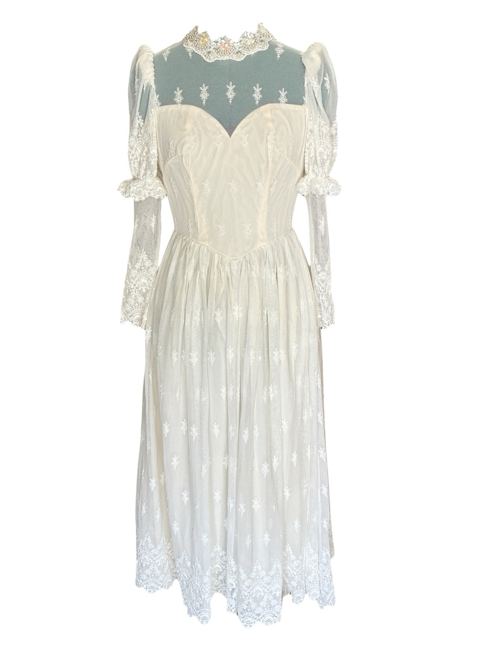 Vintage Ivory Lace Long Sleeve Wedding Dress High Neck Fits XS/Small Short